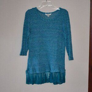 Krazy Kat Women's Teal Lace Ruffle Hem Lightweight 3/4 Sleeve Sweater Size Med
